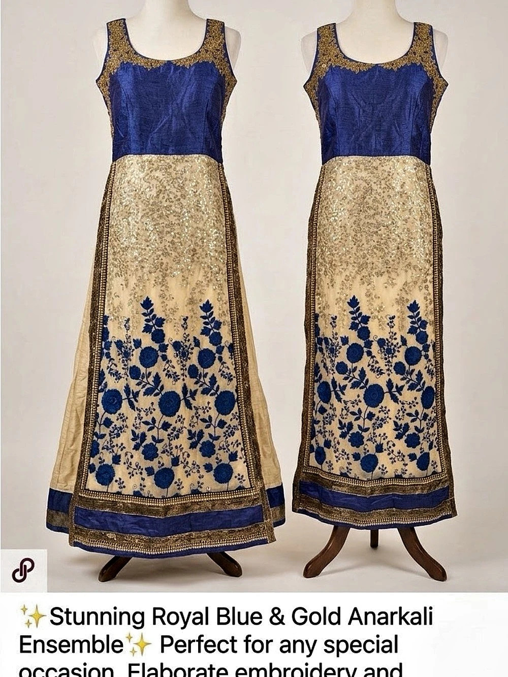 Royal Blue & Gold Floral Anarkali Dress